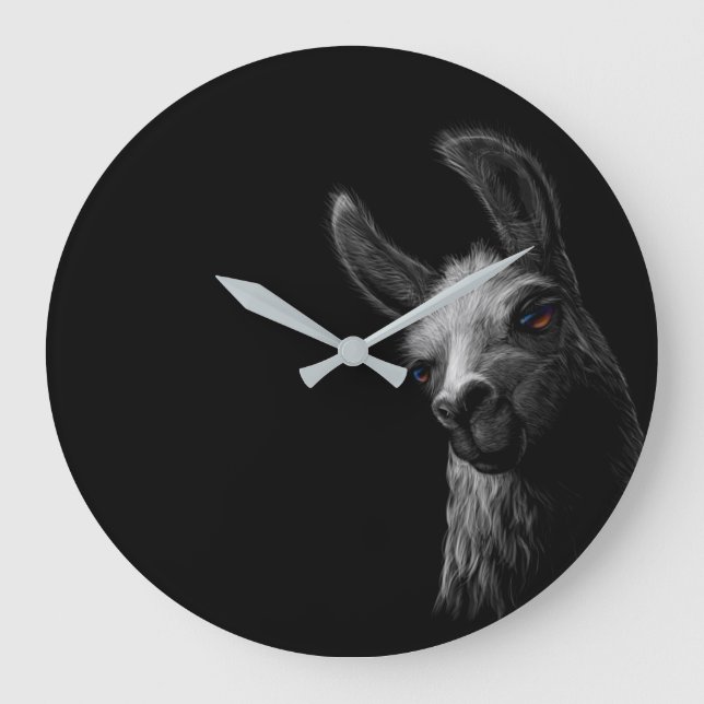 Portrait Head Niedlich Llama mit schwarzem Hinterg Große Wanduhr (Vorderseite)