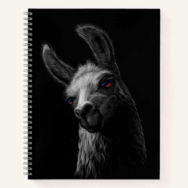 Portrait Head Niedlich Llama mit schwarzem Hinterg Notizbuch (Vorderseite)
