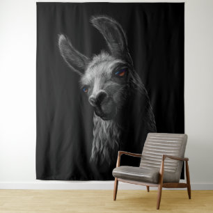 Portrait Head Niedlich Llama mit schwarzem Hinterg Wandteppich
