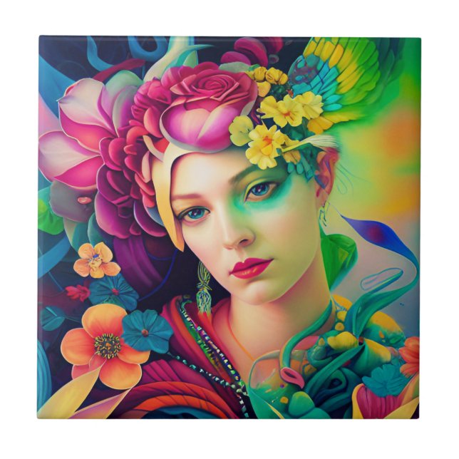 Portrait of a Woman Adorned with Flowers Fliese (Vorderseite)