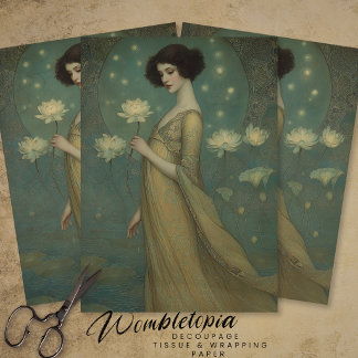 Portrait of Lady in Magical Lotus Garden Decoupage Seidenpapier