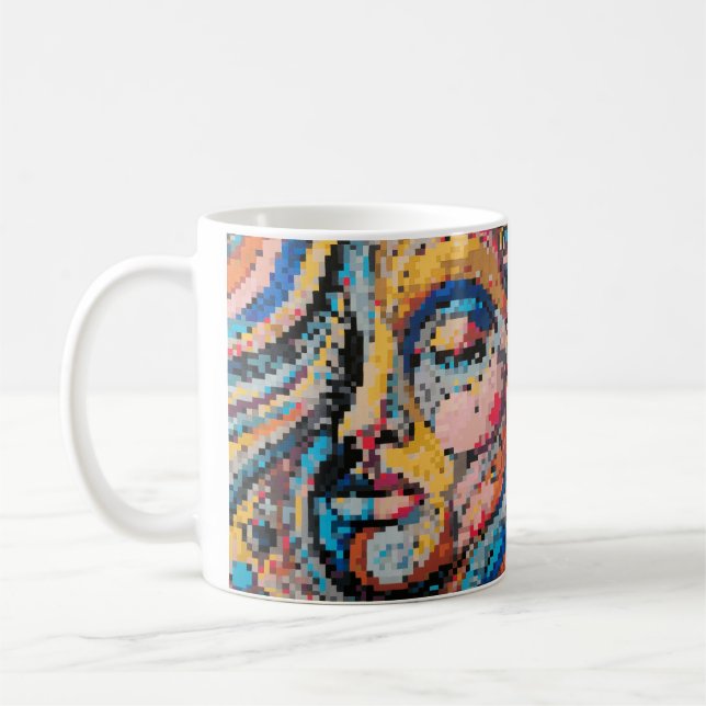 Portrait über die farbenfrohe Pixeldarstellung Kaffeetasse (Links)