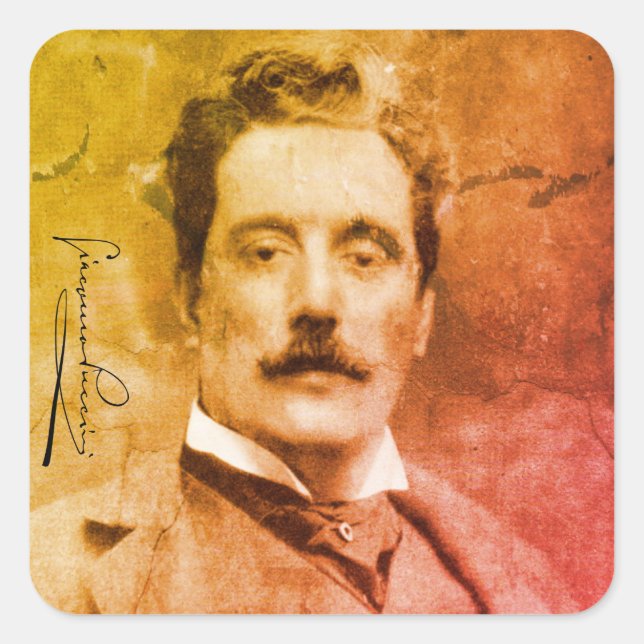 Portrait und Unterschrift von Giacomo Puccini Quadratischer Aufkleber (Vorderseite)
