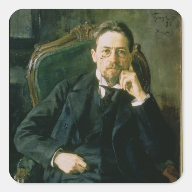 Portrait von Anton Pavlowitsch Tschechow, 1898 Quadratischer Aufkleber (Vorderseite)