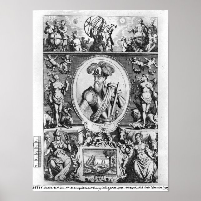 Portrait von Francisco Pizarro mit allegorischen Poster (Vorne)
