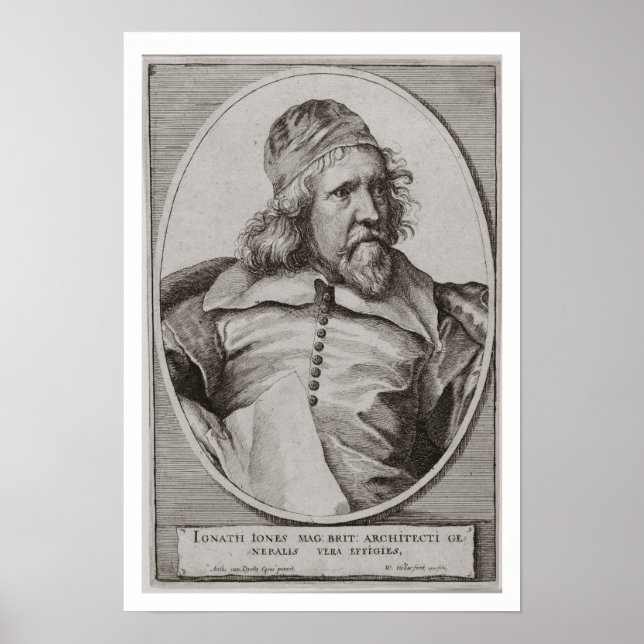 Portrait von Inigo Jones (1573-1652), graviert von Poster (Vorne)