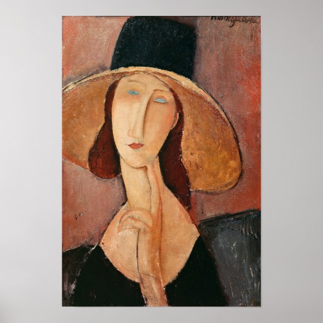 Portrait von Jeanne Hebuterne in einem großen Hut Poster (Vorne)