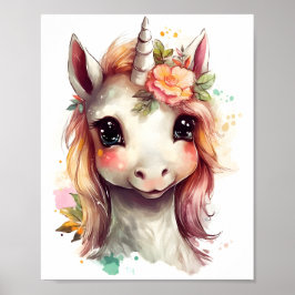 Portrait von Niedlichem Einhorn mit Blume Poster