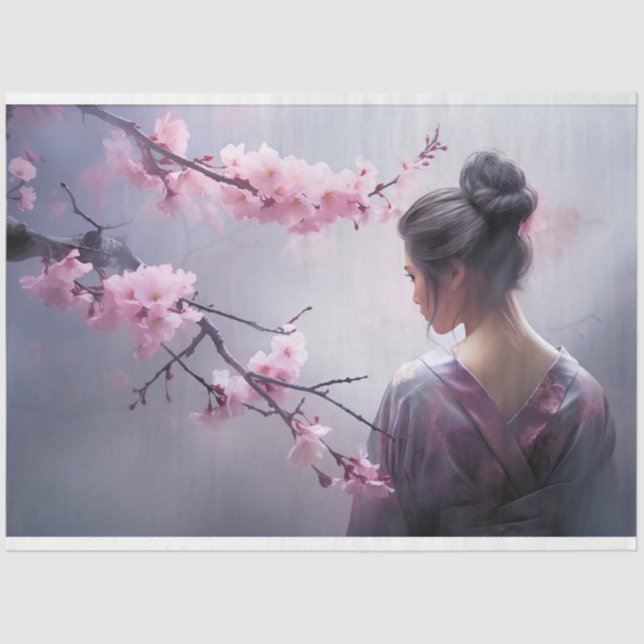 Portrait von Oriental Misty Geisha und Kirschblüte Seidenpapier (Vorderseite)