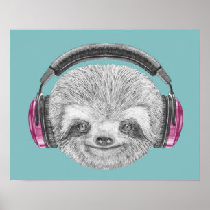 Portrait von Sloth   Tragen von Kopfhörern Poster