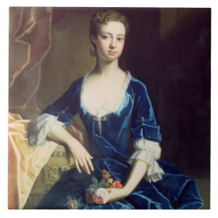 Porträt einer Dame in einem blauen Samt-Kleid (Ö Fliese