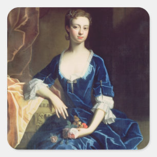 Porträt einer Dame in einem blauen Samt-Kleid (Ö Quadratischer Aufkleber