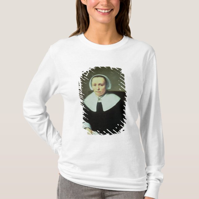 Porträt einer Dame mit Büro- und Stulpen T-Shirt (Vorderseite)