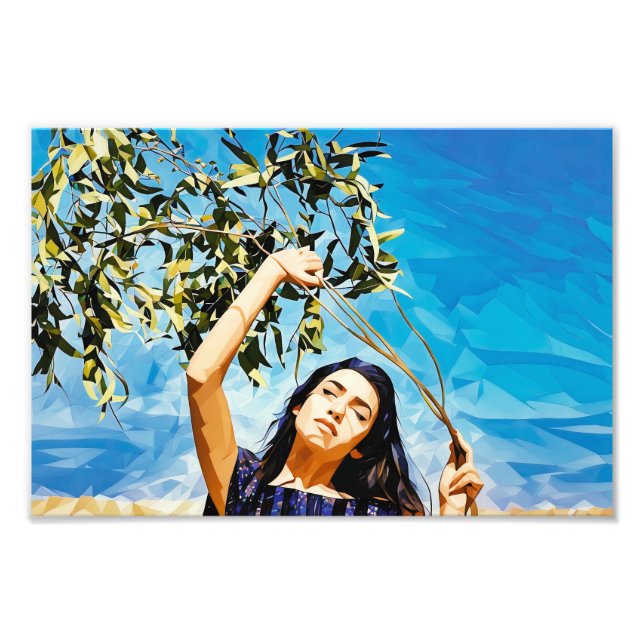 Porträt einer Frau im Freien unter einem blauen Hi Fotodruck (Vorne)