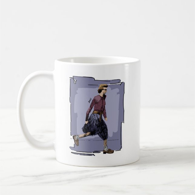 Porträt einer modischen Frau beim Gehen mitten im  Kaffeetasse (Links)