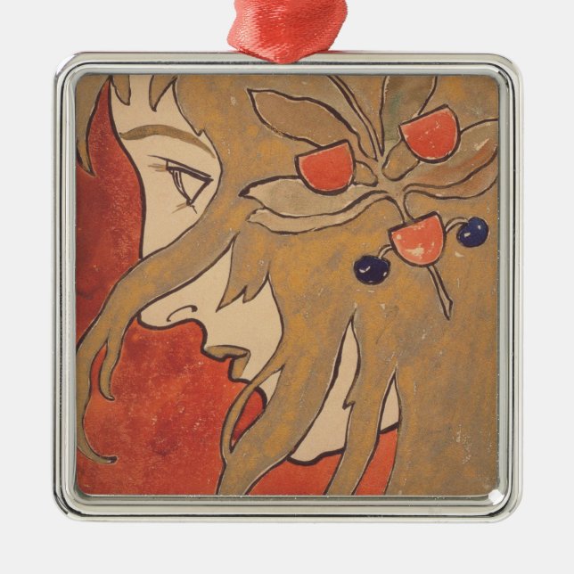 Porträt einer schönen Frau in Rot (Jugendstil) Ornament Aus Metall (Vorne)