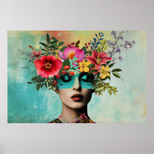 Porträt einer Vintage-Frau mit Blumen Poster