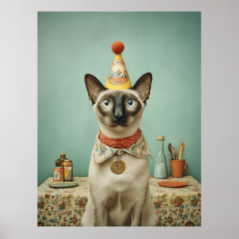Porträt einer Vintage-Siamesenkatze mit Partyhut Poster