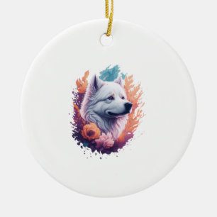Porträt eines Hundes - Samoyed Blumen Spritzer Keramik Ornament