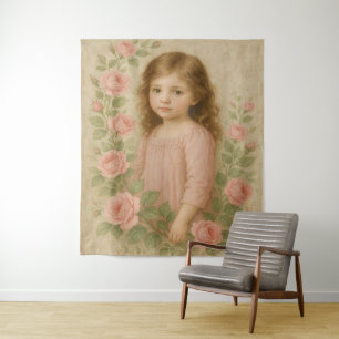 Porträt eines Mädchens mit Vintage-Rosen Wandteppich