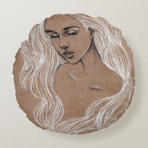 Porträt-Skizze: Junge Mädchen-Illustration Rundes Kissen