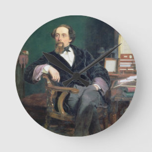 Porträt von Charles Dickens (Öl auf Leinwand) Runde Wanduhr