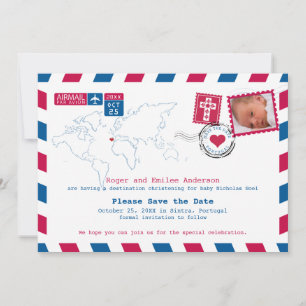 Portugal Red Blue Airmail Foto Taufe Save The Date
