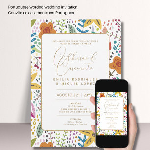 Portugeuse   Casamento Flores Azuis Rústicas Einladung