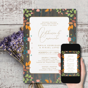 Portugeuse Casamento Flores Folclóricas Rústica Einladung