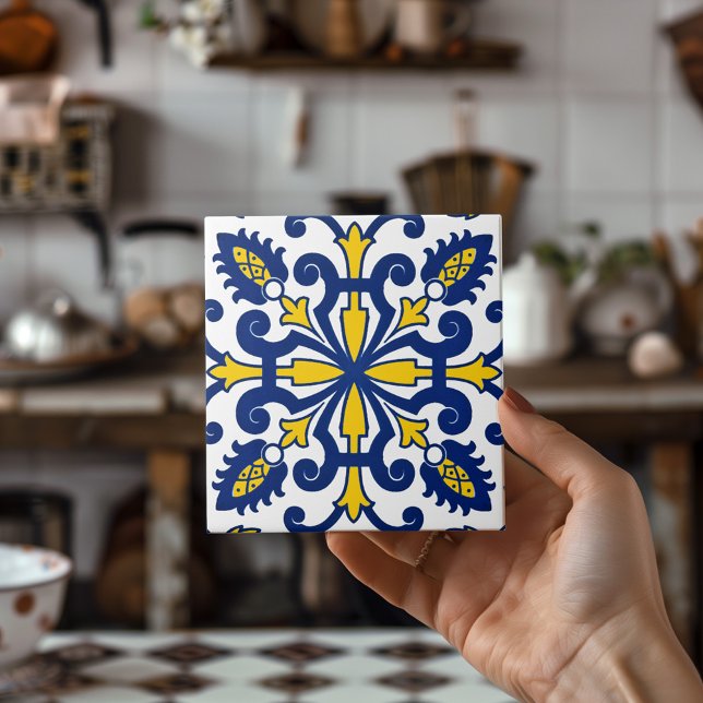 Portugiesisch Azulejo Classic dekorativ Blau gelb Fliese (Portuguese Azulejo Classic Decorative Blue Yellow Ceramic Tile)