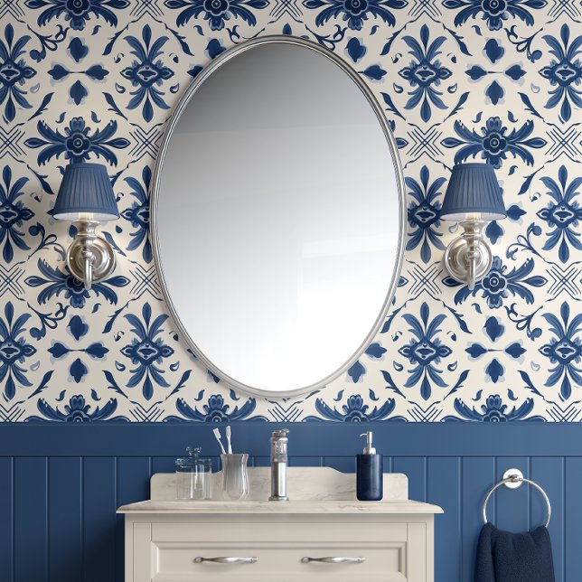 Portugiesisch Azulejo Elegance - Blau und Off-Whit Tapete ( Portuguese Azulejo Elegance - Blue and Off-White - Traditional Style Peel and Stick Wallpaper)