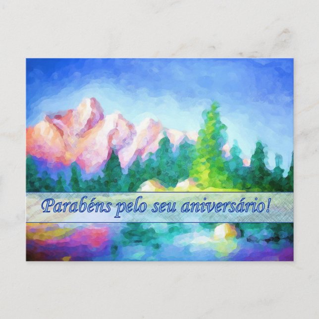 Portugiesisch Birthday Pink Mountain Blue Postcard Postkarte (Vorderseite)