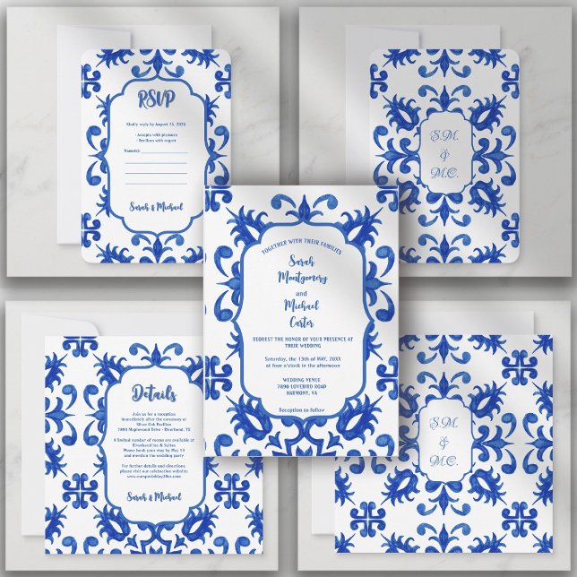 Portugiesisch-blaue Farbtöne Save The Date (Portuguese Tile Botanical Blue, Lisbon Azulejo Coastal Style, Indigo Blue Tile Art, Portuguese ,)