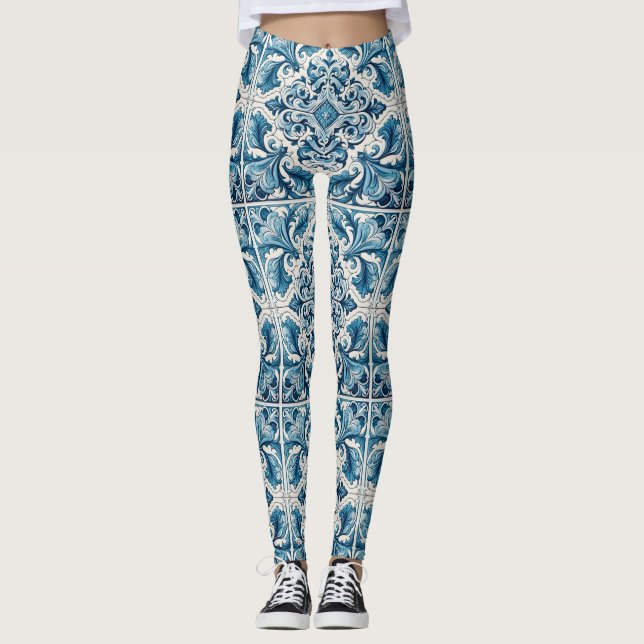 Portugiesisch-blaue Fliese Leggings (Vorderseite)