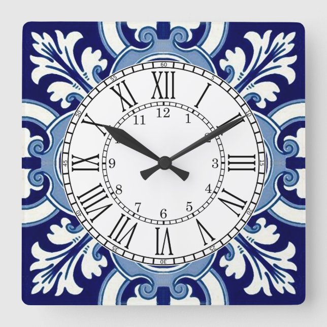 Portugiesisch-blaue Kacheldecke Quadratische Wanduhr (Vorderseite)