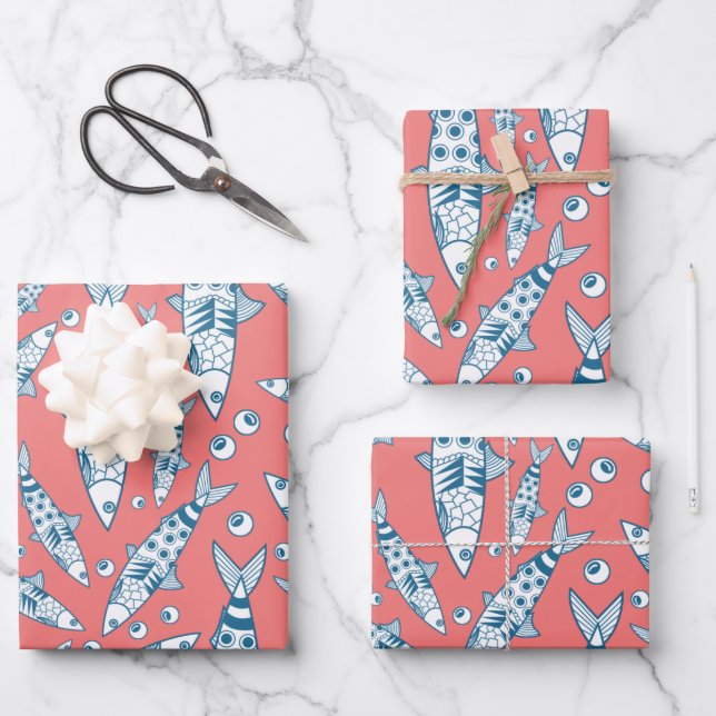 Portugiesisch Sardines Pattern Azulejos Pink Geschenkpapier Set (Vorderseite)