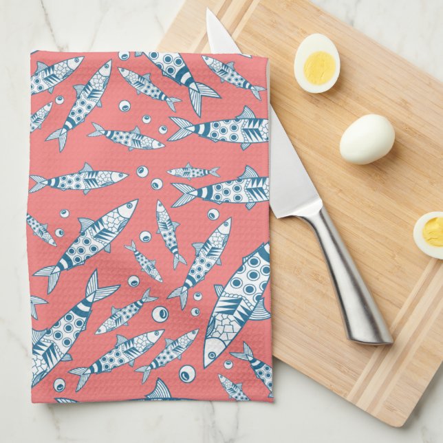 Portugiesisch Sardines Pattern Azulejos Pink Geschirrtuch (Viertel Falte)