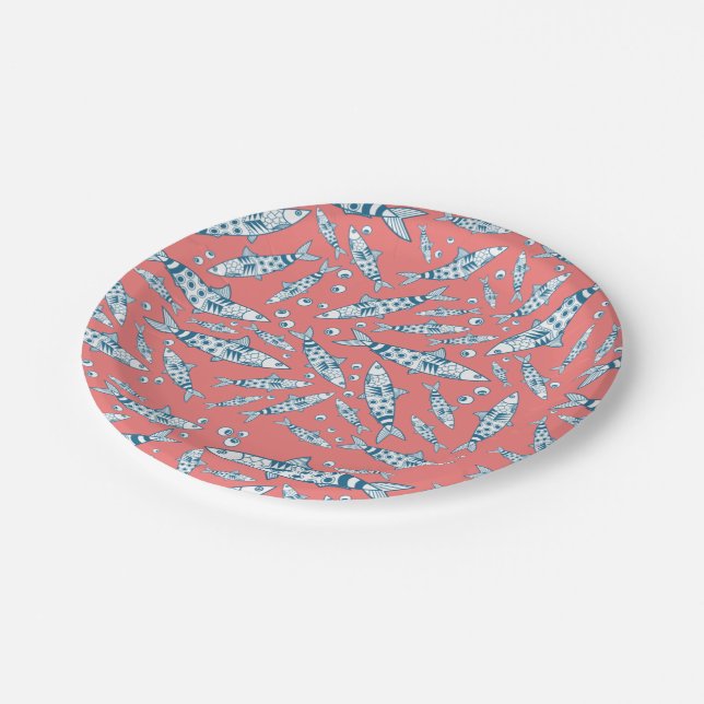 Portugiesisch Sardines Pattern Azulejos Pink Pappteller (Schrägansicht)