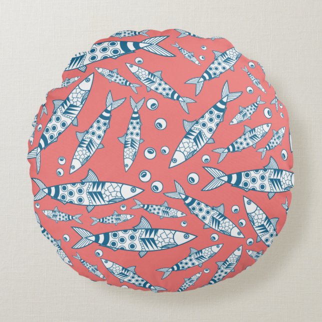 Portugiesisch Sardines Pattern Azulejos Pink Rundes Kissen (Vorderseite)