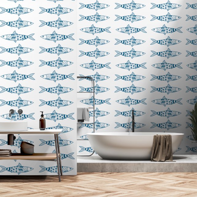 Portugiesisch Sardines Pattern Azulejos Tapete (Badezimmer)