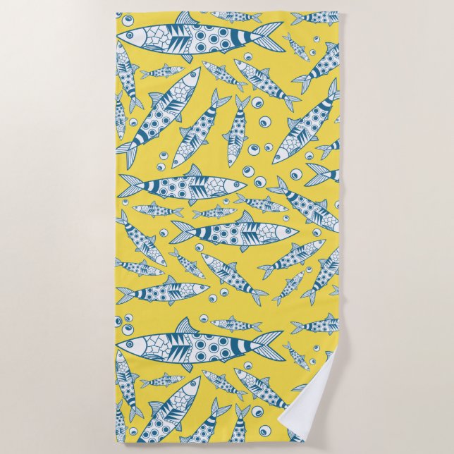 Portugiesisch Sardines Pattern Azulejos Yellow Strandtuch (Vorderseite)