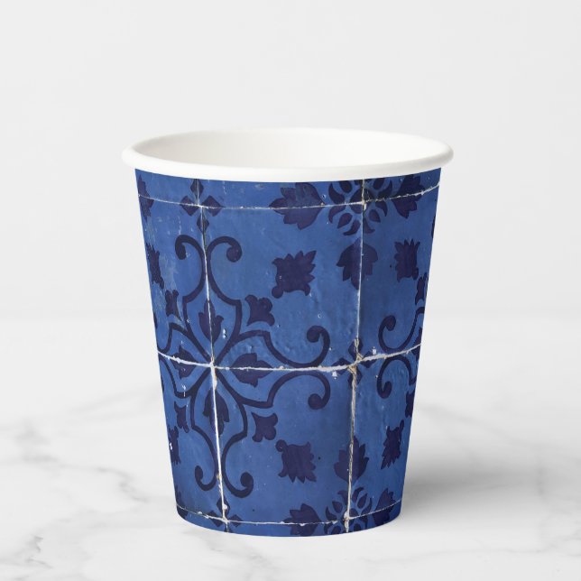 Portugiesisch Tiles - Azulejo Blue Floral Leaf Des Pappbecher (Vorderseite)