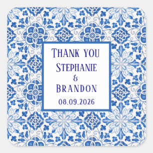 Portugiesisch Tiles Blue Mediterranean Wedding Quadratischer Aufkleber