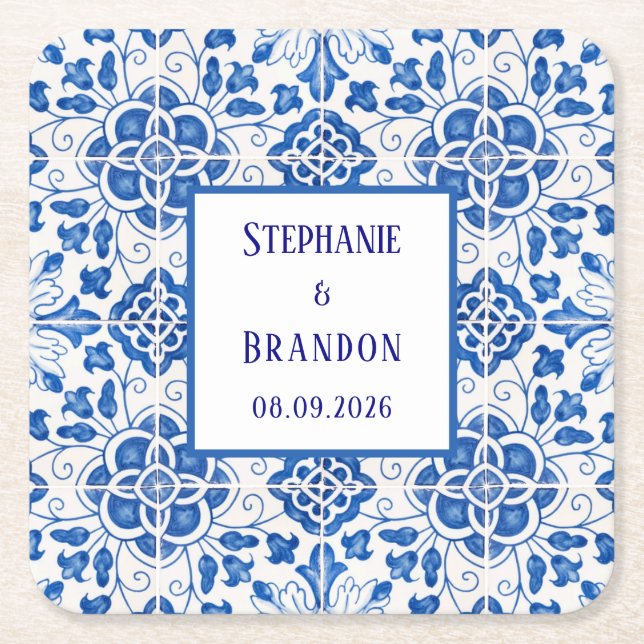 Portugiesisch Tiles Blue Mediterranean Wedding Rechteckiger Pappuntersetzer (Vorderseite)