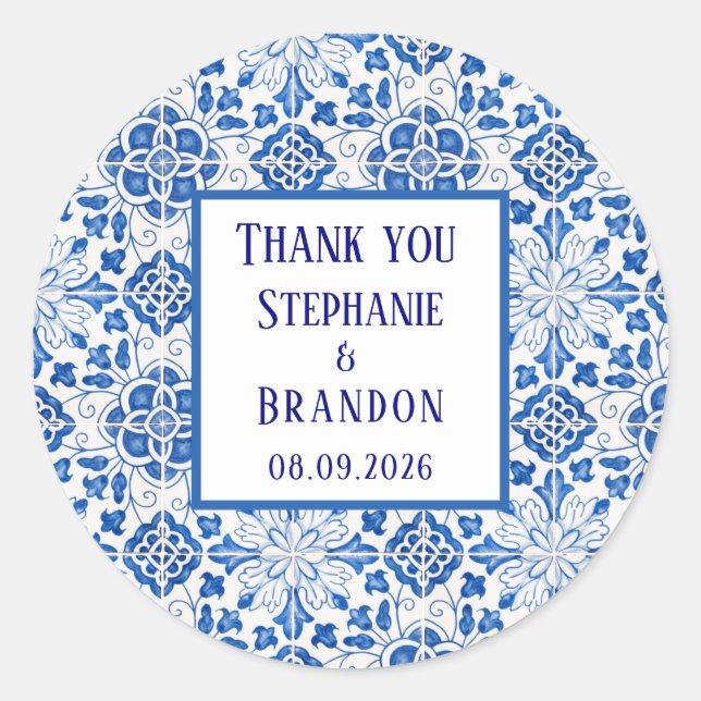Portugiesisch Tiles Blue Mediterranean Wedding Runder Aufkleber (Vorderseite)