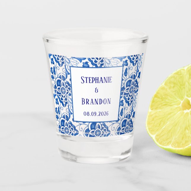 Portugiesisch Tiles Blue Mediterranean Wedding Schnapsglas (Vorderseite)