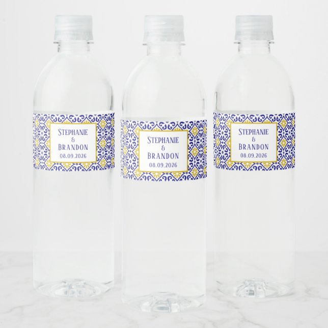 Portugiesisch Tiles Blue Mediterranean Wedding Wasserflaschenetikett (Flaschen)