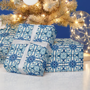 Portugiesische Azulejos Blaue Blumenelemente Geschenkpapier