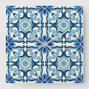 Portugiesische Azulejos Blaue Blumenkachelmuster Quadratische Wanduhr