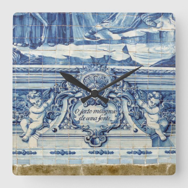 Portugiesische blau-weiße Wandfliesen mit Engeln Quadratische Wanduhr (Vorderseite)